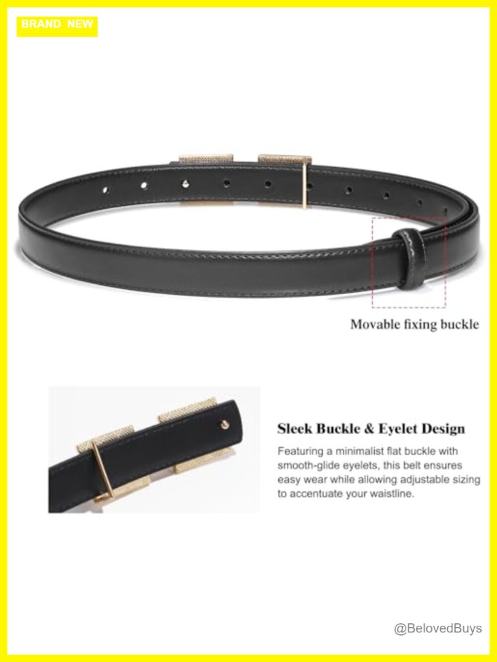 Women's Skinny PU Leather Belt with Gold Buckle, Faux Leather Waist Belt - Picture 4 of 5
